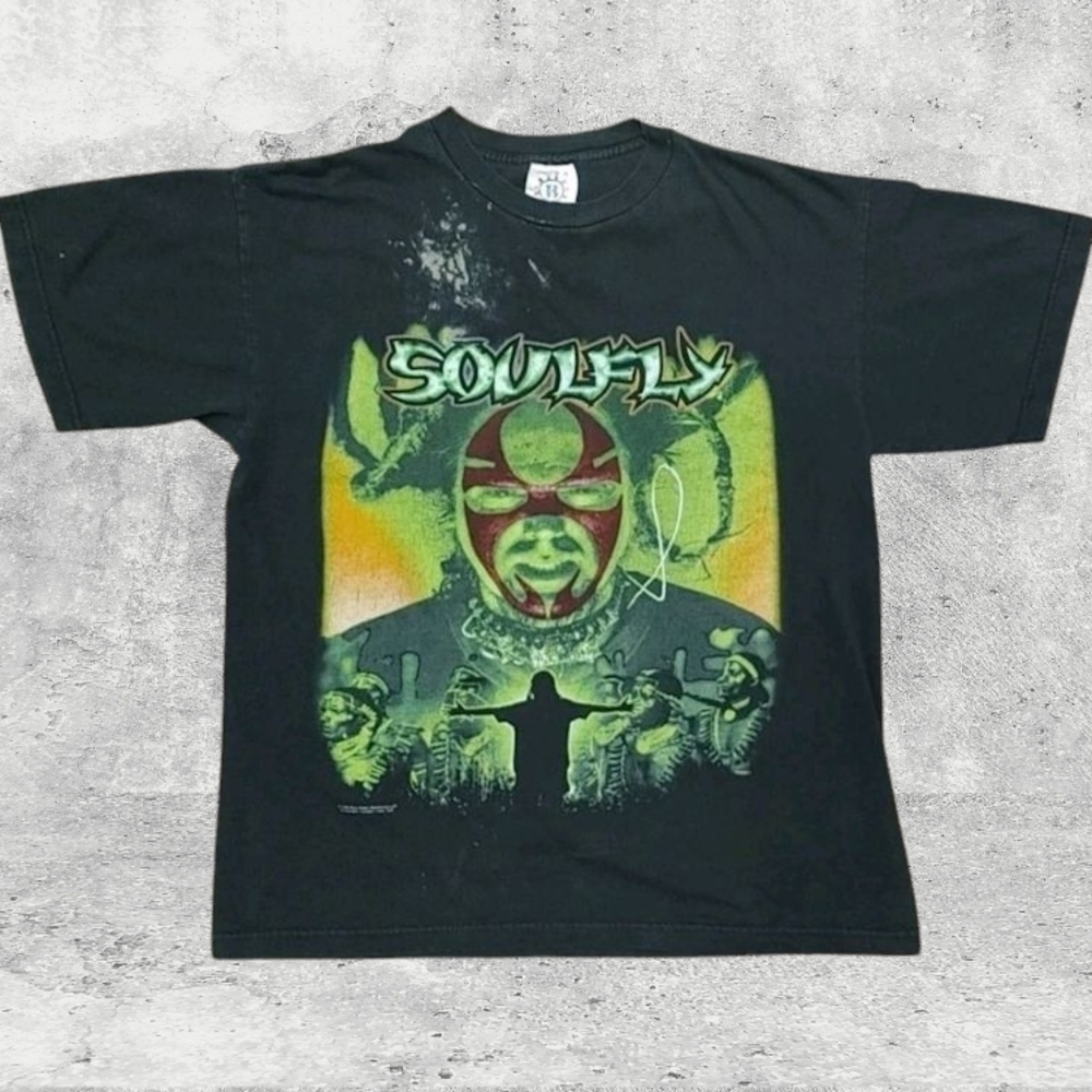 Vtg 1999 Soulfly Tribe World Noise T-Shirt L Blue Grape Made in USA Distressed